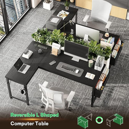 DurayLoly 55" 0.95 Thicker L Shaped Computer Desk for Home Office, Black | Gaming Desk with Power Outlets & LED Lights,Computer Desk for 2 Monitors ,Reversible Corner Desk,220 lbs,Bedroom,Home Office
