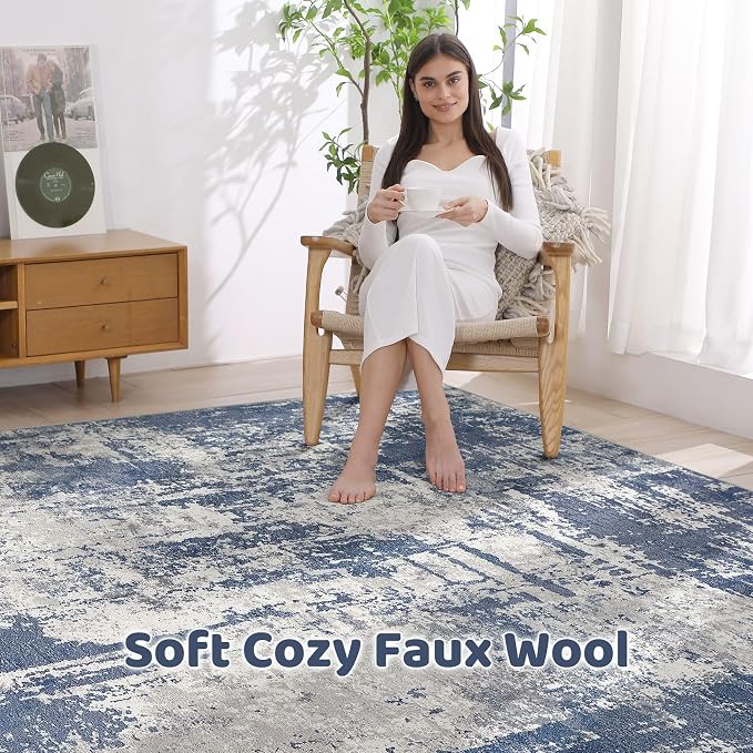 7x10 Area Rug Living Room: Washable Large Abstract Modern Soft Rug Stain Resistant Indoor Floor Non Slip Accent Carpet for Bedroom Nursery Playroom Dining Room Office Dorm Home House- Navy Grey
