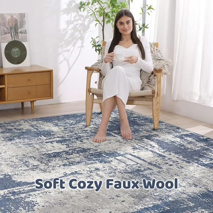 7x10 Area Rug Living Room: Washable Large Abstract Modern Soft Rug Stain Resistant Indoor Floor Non Slip Accent Carpet for Bedroom Nursery Playroom Dining Room Office Dorm Home House- Navy Grey