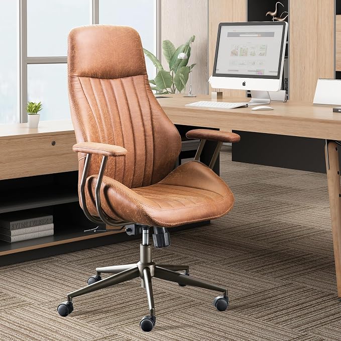 High Back Home Office Chair,Mid Century Modren Ergonomic Executive Chair,Lumbar Support Swivel Task Chair with Wheels,Computer Desk Chair Suede Fabric,350LBS (Brown)