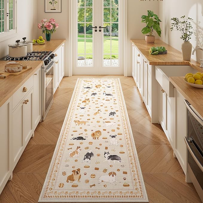 DUKINO 2x6 Washable Runner Rug for Hallway, Non Slip Animal Dog Kitchen Rug with Low Pile Design, Soft Stain Resistant Indoor Carpert Runner for Entryway, Bedroom, Laundry, Bathroom, Beige Yellow