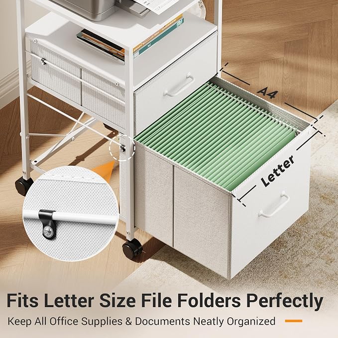 DEVAISE 2 Drawer Fabric Vertical Filing Cabinet, Rolling Printer Stand, White