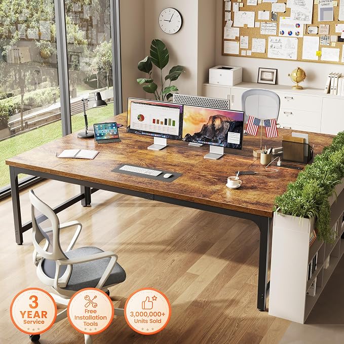 Huuger 71 x 31.5 Inch Desk with Power Outlets & USB-C, 0.95 Inch Thicker Desktop, Robust Metal Tubes, Deep Computer Desk, Heavy Duty Office Desk, Work Desk for Home Office, Rustic Brown
