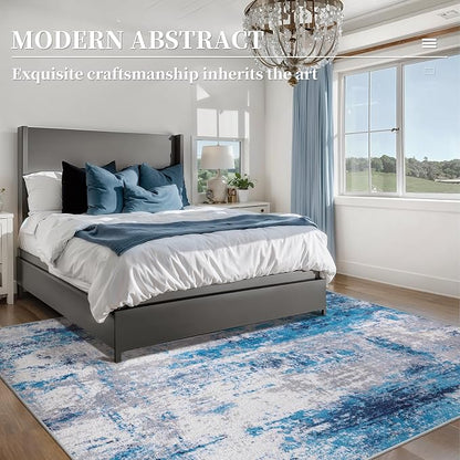 Ciicool Modern Abstract Rug for Living Room, 5'x7' Machine Washable Area Rug Non-Slip Rug, Low-Pile Contemporary Indoor Dining Floor Carpet for Bedroom Office Under Table Home Decor Grey Blue