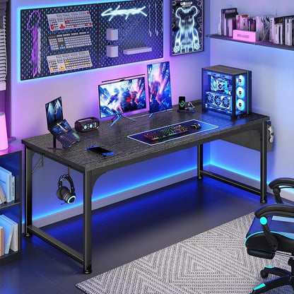 DurayLoly 63 x 24 inch Large Gaming Desk, 24mm Thick Desktop with RGB LED, Computer Desk with Built-in Power Outlets, Detachable Stand, 150LBS Heavy Duty, Ultimate Desk for Pro Gamers, Black