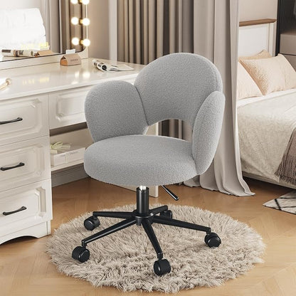 Homkdom Desk Chair with Wheels, 3.94" Thick Comfy Petal Vanity Chair, Swivel Armless Chair with Open Back and Adjustable Height, Ideal for Makeup Study Work and Relaxation, Grey