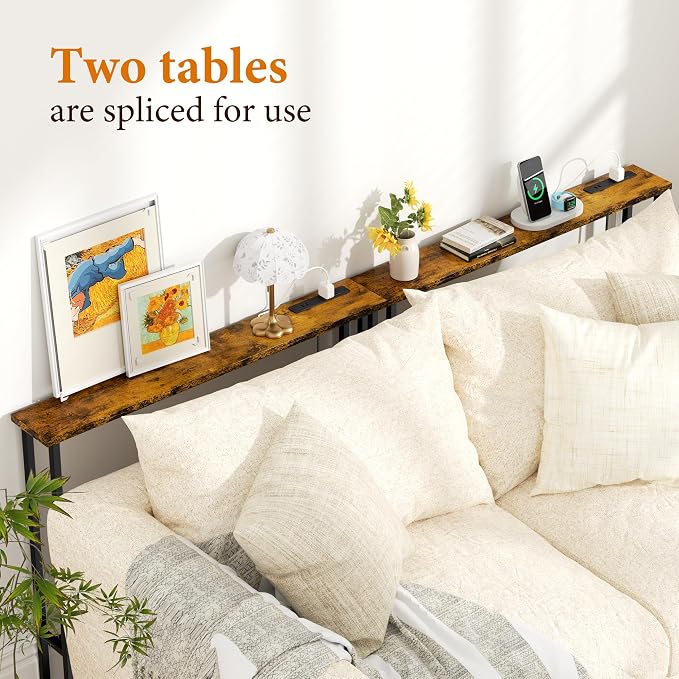 GRLEAF 39" Narrow Console Sofa Table with Built-in Power Strip (2 AC Outlets & 2 USB Ports) – 4.9ft Power Cord, Metal Frame, Easy Assembly, Ideal for Behind Couch, Hallway, and Office | Rustic Brown