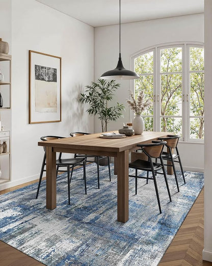 Latte&Fog 5x7 Area Rugs for Living Room Bedroom, Blue Modern Abstract Neutral Washable Rug, Boho Non Slip Low Pile Carpet for Dining Room,Dorm,Classroom,College Dorm and Farmhouse - Blue Grey