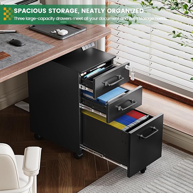 3 Drawer Slim File Cabinet, Mobile Filing Cabinet with Lock,Black Rolling Narrow File Cabinets with Casters, Under Desk Office Cabinets for Home Office,Fit A4/Letter/Legal(Unassembled)
