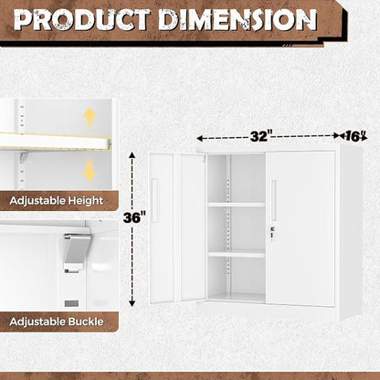 INTERGREAT Metal Garage Storage Cabinet, 36" Locking Counter Cabinet with 2 Locking Doors and 2 Adjustable Shelves, Small Steel Cabinet for for Home Office, Gym, School(White)