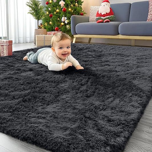 OLANLY 4x11 Area Rugs for Living Room Bedroom, Machine Washable Soft Fluffy Shaggy Bedside Rug, Indoor Floor Carpet for Kids Girls and Boys, Dorms, Nursery Rooms, Home Decor Aesthetic, Black
