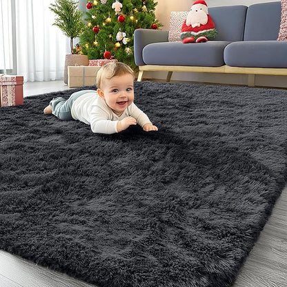 OLANLY 4x10 Area Rugs for Living Room Bedroom, Machine Washable Soft Fluffy Shaggy Bedside Rug, Indoor Floor Carpet for Kids Girls and Boys, Dorms, Nursery Rooms, Home Decor Aesthetic, Black