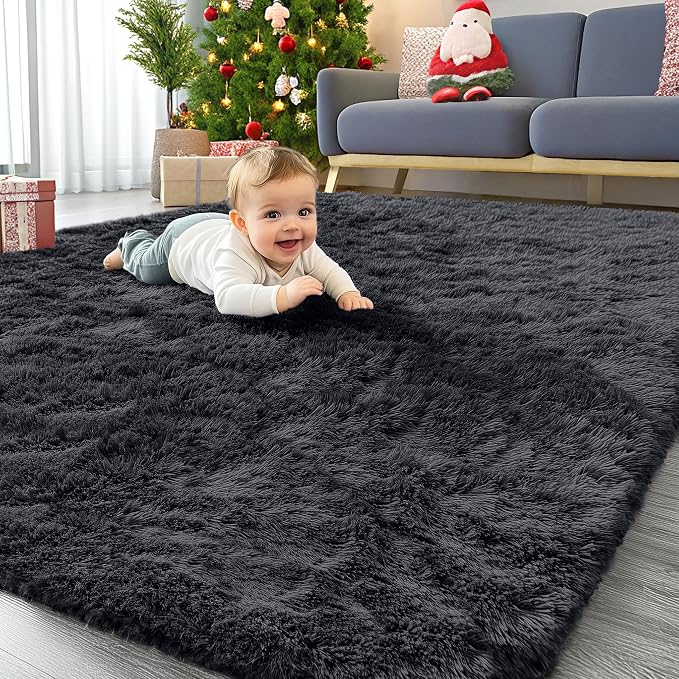 OLANLY 4x7 Area Rugs for Living Room Bedroom, Machine Washable Soft Fluffy Shaggy Bedside Rug, Indoor Floor Carpet for Kids Girls and Boys, Dorms, Nursery Rooms, Home Decor Aesthetic, Black