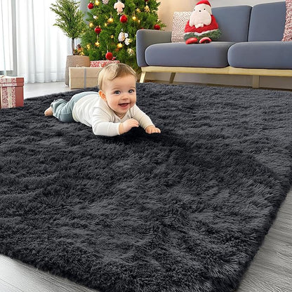 OLANLY 4x7 Area Rugs for Living Room Bedroom, Machine Washable Soft Fluffy Shaggy Bedside Rug, Indoor Floor Carpet for Kids Girls and Boys, Dorms, Nursery Rooms, Home Decor Aesthetic, Black