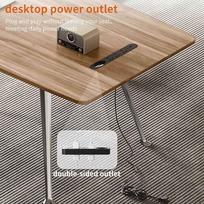 60-Inch Executive Desk, Modern Desk for Home Office, Wooden Study Writing Work Table with Power Outlets and USB-C Port, Large Legroom, Sturdy Metal Frame, Mid-Century Modern Simple, Light Brown