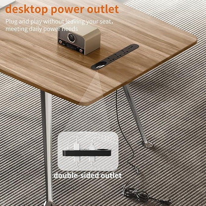 60-Inch Executive Desk, Modern Desk for Home Office, Wooden Study Writing Work Table with Power Outlets and USB-C Port, Large Legroom, Sturdy Metal Frame, Mid-Century Modern Simple, Light Brown