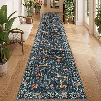 DUKINO 2x12 Washable Runner Rug, Ultra Soft Vintage Animal Runner Rug for Hallway, Lightweight Non Slip & Non Shedding Long Carpet for Kitchen, Laundry Room, Bathroom, Bedroom, Entrance, Navy Blue