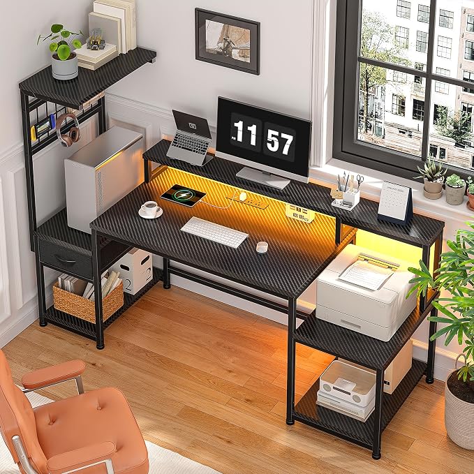 DurayLoly 55" Gaming Desk with LED Lights & Outlets,Computer Desk with Drawers & Monitor Stand,Gaming Table with 3 Storage Shelves, Hooks& Printer Space for Game&Study Room,Home Office,Bedroom,Black
