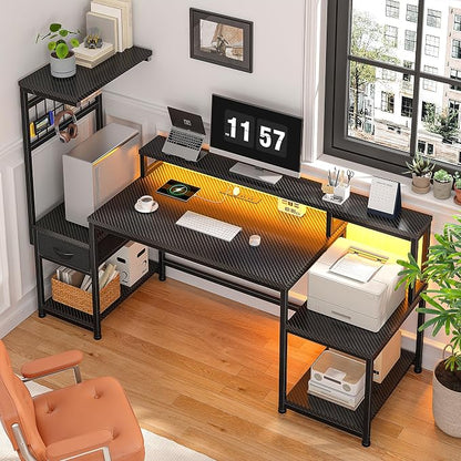 DurayLoly 55" Gaming Desk with LED Lights & Outlets,Computer Desk with Drawers & Monitor Stand,Gaming Table with 3 Storage Shelves, Hooks& Printer Space for Game&Study Room,Home Office,Bedroom,Black