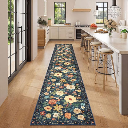 DUKINO 2x12 Washable Runner Rug, Ultra Soft Floral Runner Rug for Hallway, Boho Non Slip & Non Shedding Indoor Entryway Carpet for Kitchen, Laundry Room, Bathroom, Bedroom, Entrance, Navy Blue