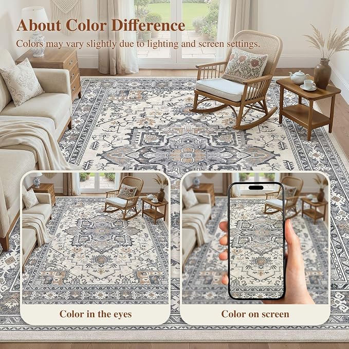 UERMEI 8x10 Area Rug Living Room Rugs - Washable Vintage Soft Large Rug Indoor Floor No Slip Rug Carpet for Bedroom Farmhouse Under Dining Table Home Office Decor - Grey-Orange