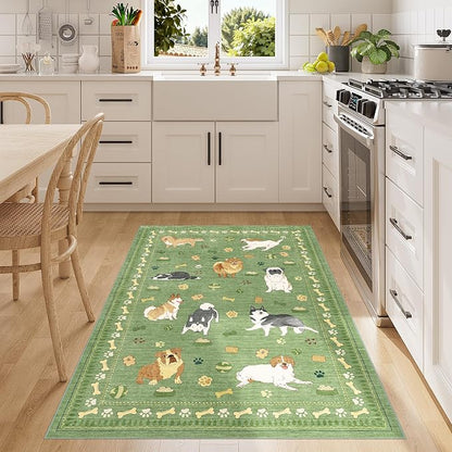 DUKINO 3x5 Area Rug, Lightweight Washable Entryway Rug with Non Slip & Low Pile, Soft Non Shedding Animal Dog Print Pattern Indoor Throw Carpet for Bedroom, Kitchen, Bathroom, Kids Room, Office, Green