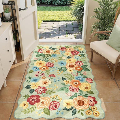 DUKINO 3x5 Area Rug, Floral Non-Slip Indoor Washable Rug with Low Pile & Non-Shedding, Lightwight Boho Design Carpet for Entryway, Bedroom, Kids Room, Living Room, Kitchen, Green