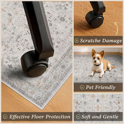 Light Gray 3x4 Office Chair Mat for Hard Wood & Tile Floor, Boho Low Pile Carpet Floor Protector for Rolling Chair, Machine Washable Under Desk Rug, Non Slip Rubber Backing