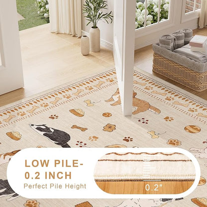 DUKINO 2x4 Runner Rug for Entryway, Animal Dog Print Washable Kitchen Rug with Non Slip, Low Pile Indoor Door Mat Non Shedding Small Carpet Runner for Hallway, Bathroom, Laundry, Bedroom, Beige Yellow