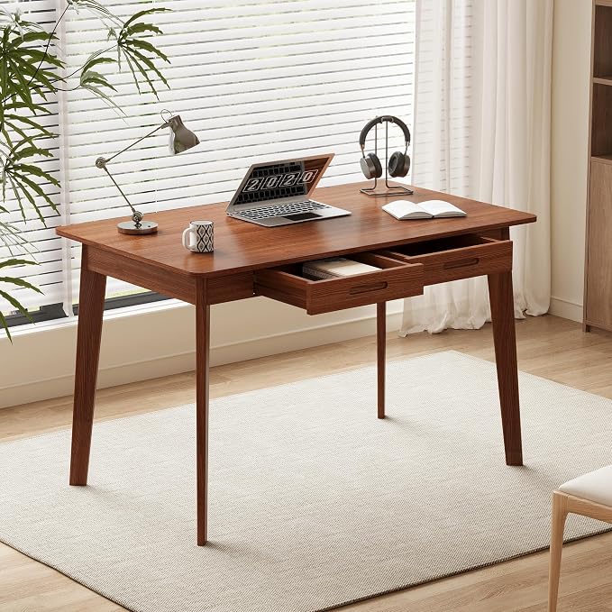 Timechee 40 Inch Compact Computer Gaming Desk, Study Work Office Desk with 2 Storage Drawers, Rectangular Study Reading Table, Simple Computer Writing Table for Home Office, Living Room,Walnut Color