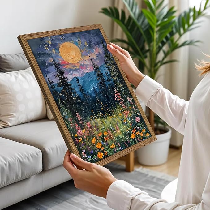 Framed Nature Forest Canvas Wall Art, Full Moon above Wildflowers and Woodland Painting, Midnight Floral Trees Art Print, Farmhouse Nature Wall Decor for Bedroom Living Room 12x16 inch