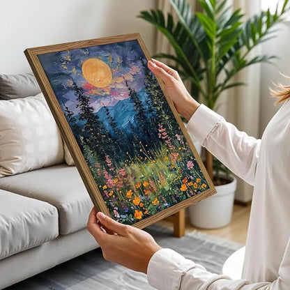 Framed Nature Forest Canvas Wall Art, Full Moon above Wildflowers and Woodland Painting, Midnight Floral Trees Art Print, Farmhouse Nature Wall Decor for Bedroom Living Room 12x16 inch