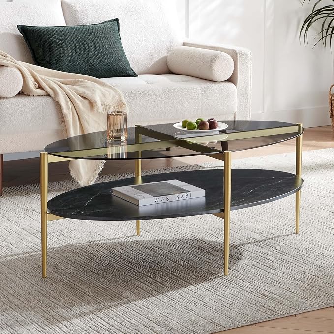 LumFurn Oval Glass Coffee Table, Mid-Century Modern Design, L43 x W22 x H17 inch, Surfboard Shaped Grey Glass Top and Black Marble Finish Wood Shelf, Tapered Legs with Gold Finish Frame
