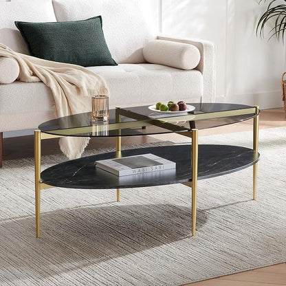 LumFurn Oval Glass Coffee Table, Mid-Century Modern Design, L43 x W22 x H17 inch, Surfboard Shaped Grey Glass Top and Black Marble Finish Wood Shelf, Tapered Legs with Gold Finish Frame