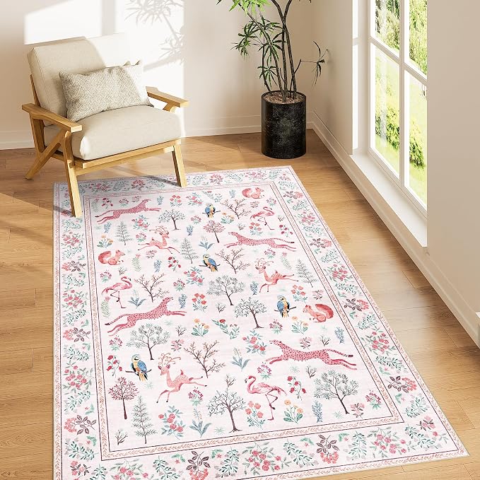 DUKINO 3x5 Rug, Washable Animal Area Rug with Non Slip Vintage Design, Indoor Soft Low Pile Carpet for Bedroom, Nursery, Dining Room, Farmhouse, Playroom, Pink