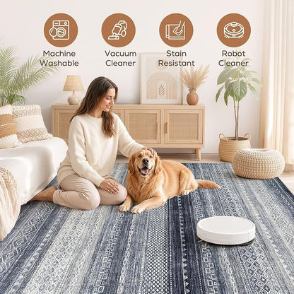 6x8 Area Rugs Living Room: Washable Boho Large Neutral Soft Rug Modern Stain Resistant Moroccan Indoor Non Slip Floor Carpet for Bedroom Nursery Kids Playroom Office Dining Room Dorm- Blue
