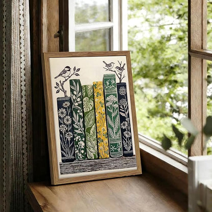 Framed Vintage Botanical Books Canvas Wall Art, Floral Books with Birds Poster Print, Retro Nature Library Reading Gift, Modern Literary Wall Decor for Study Living Room Office 12x16in