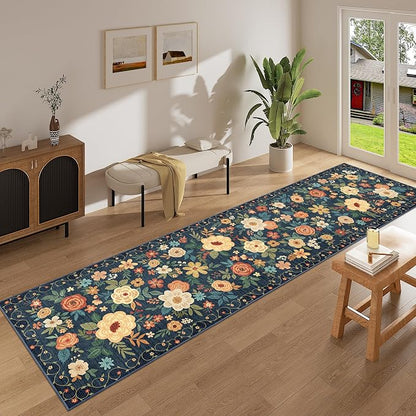 DUKINO 2.6x14 Kitchen Runner Rug, Lightweight Floral Washable Rug for Hallway, Boho Low Pile & Non Slip Backing Soft Floor Carpet for Entryway, Bedroom, Bathroom, Laundry, Navy Blue