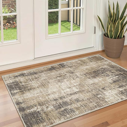 Valenrug Washable Rugs 3x5 - Stain Resistant 3x5 Area Rugs for Living Room, Non Slip Backing Abstract Entryway Rugs for Bedroom, Folable Machine Washable Area Rug(3'x5', Taupe)