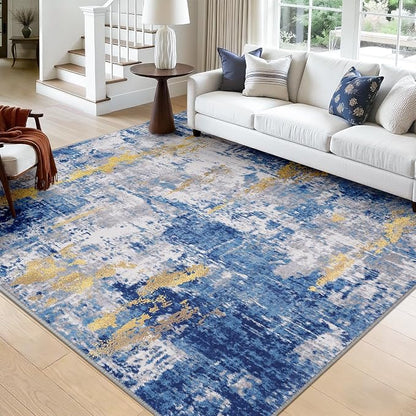 RELEANY Washable Area Rugs Square 9ft Non-Slip Modern Abstract Soft for Living Room Entryway Bedroom Kitchen, Print Pattern, Grey Blue Gold/Golden