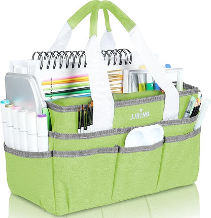 JJRING Craft Organizer Tote Bag, Art Storage Caddy with Multiple Pockets, Cyan Sewing Bag for Art, Craft, Scrapbooking, School, Medical, and Office Supplies Storage