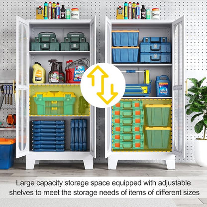 PAOFIN 61.02" Metal Display Storage Cabinet,Tall Kitchen Pantry Cabinets with Acrylic Glass Doors and Adjustable Shelves,Freestanding Storage Cupboard for Kitchen, Living Room(White)