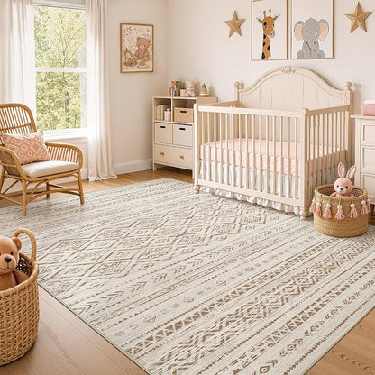 Nakagishi Area Rug Living Room Rugs: 7x9 Large Soft Machine Washable Boho Moroccan FarmNeutral Stain Resistant Indoor Floor Carpet for Bedroom Under Dining Table Home Office Decor-Brown