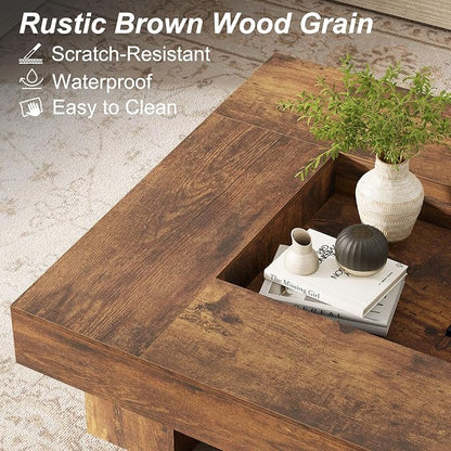LVB Rustic Coffee Table, Large Wood Living Room Table with Storage, Modern Low Wide Square Led Center Table, Farmhouse Unique Tea Table with LED Light for bedroom Home Office, 39.37 Inch, Rustic Brown