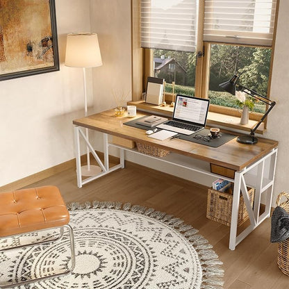 LITTLE TREE 63-Inch Executive Office Desk, Large Computer Desk with Storage Shelf, Executive Desk with Metal Frame, Thickened Desktop, Study Writing Desk Work Station for Home Office, Rustic + White