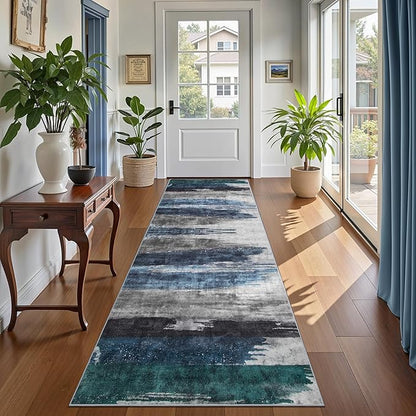 Ciicool 2x5 Washable Runner Rug, Modern Abstract Hallway Rugs Runner, Non-Slip Thin Accent Rug Lightweight Navy Grey Print Distressed Carpet for Laundry Entryway Bedroom Kitchen Bathroom Indoor