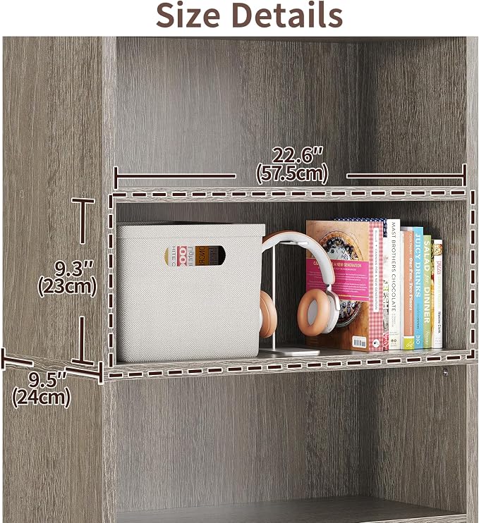 ALISENED 5-Tier Bookcase, Open Bookshelves and Bookcases with Storage Shelves, Floor Standing Unit, Display Storage Shelves for Bedroom Library Living Room Home Office, Gray