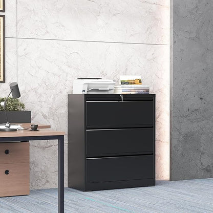 3 Drawer Lateral File Cabinet with Lock, Metal File Cabinets for Home Office, Steel Heavy-Duty Filing Storage Cabinet for Letters/Legal/A4 (Require Assembly, Black)