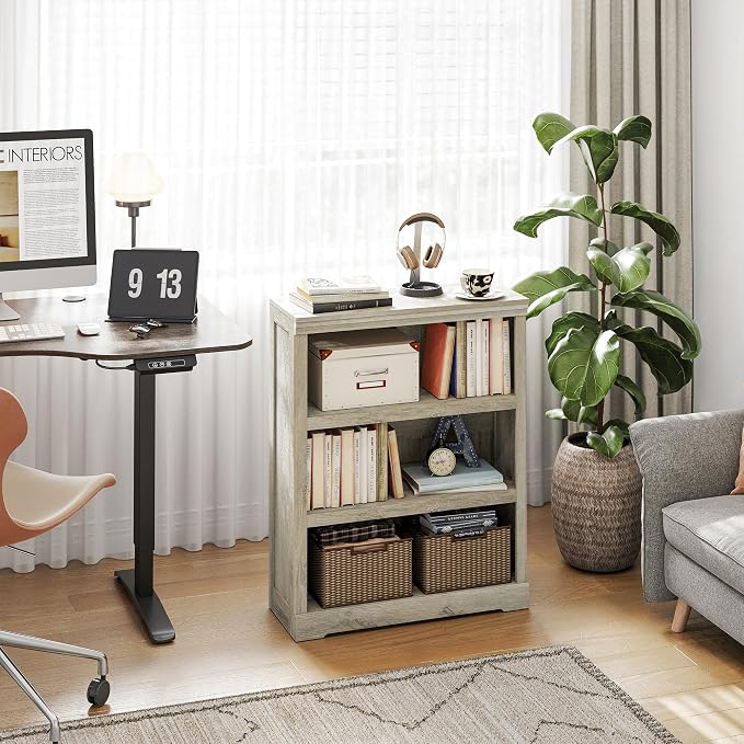 LINSY HOME 3-Tier Bookshelf, Small Wood Display Storage Shelves Farmhouse Bookshelf for Home Office, Living Room, Bed Room - Washed Grey
