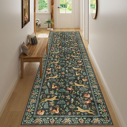 DUKINO 3x12 Runner Rug, Non Slip Animal Print Runner Rug for Hallway, Vintage Low Pile & Stain Resistant Soft Indoor Long Carpet Runner for Kitchen, Bathroom, Laundry, Bedroom, Black